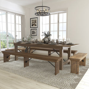 English Elm HERCULES Series Stylish Folding Farm Table with Four Benches - Perfect for Gatherings & Events! Antique Rustic 9'L x 40"W XA-FARM-7-GG