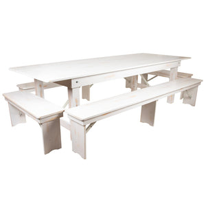 English Elm HERCULES Series Stylish Folding Farm Table with Four Benches - Perfect for Gatherings & Events! Antique Rustic White 9'L x 40"W XA-FARM-7-WH-GG
