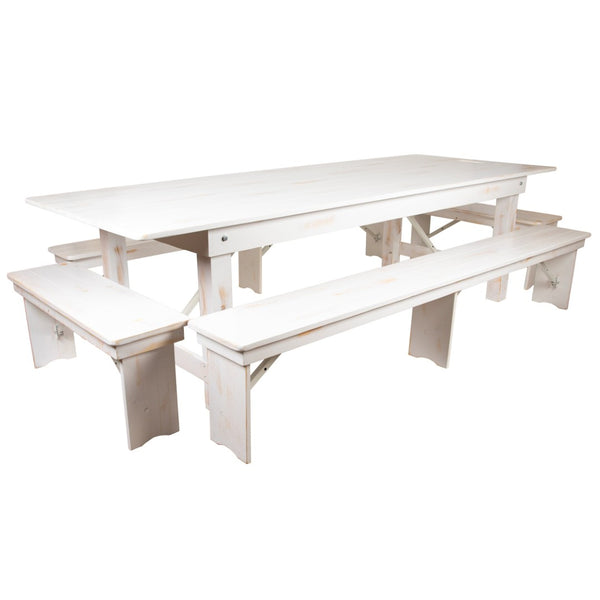 English Elm HERCULES Series Stylish Folding Farm Table with Four Benches - Perfect for Gatherings & Events! Antique Rustic White 9'L x 40"W XA-FARM-7-WH-GG