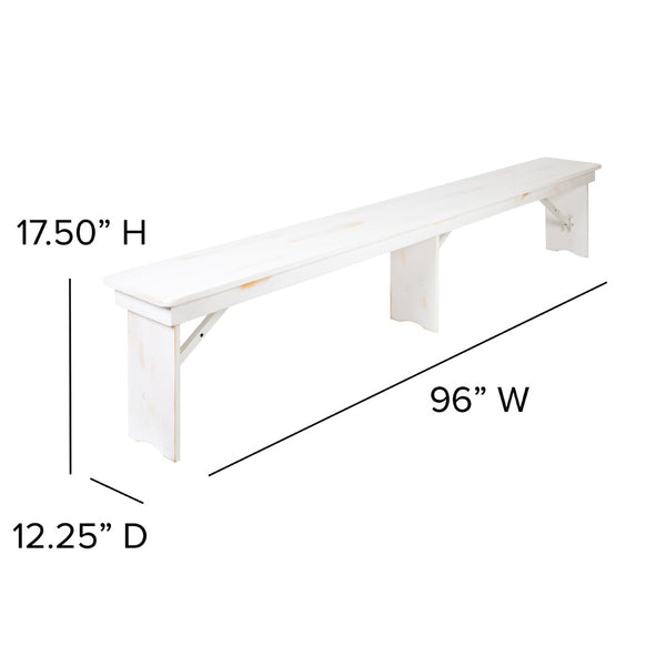 English Elm HERCULES Series Stylish Folding Farm Table with Four Benches - Perfect for Gatherings & Events! Antique Rustic White 9'L x 40"W XA-FARM-7-WH-GG
