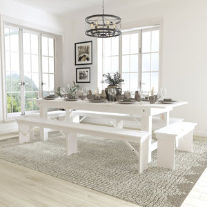 English Elm HERCULES Series Stylish Folding Farm Table with Four Benches - Perfect for Gatherings & Events! Antique Rustic White 9'L x 40"W XA-FARM-7-WH-GG