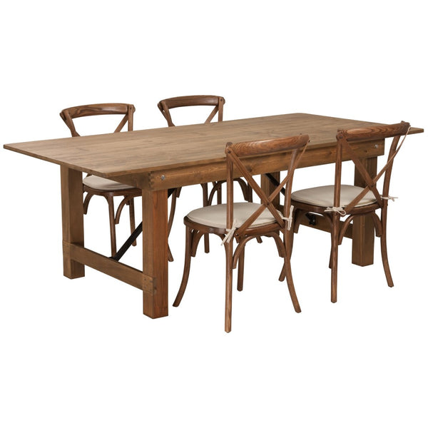 English Elm HERCULES 7' x 40'' Rustic Folding Farm Table Set with 4 Cushioned Cross-Back Chairs for Gatherings XA-FARM-8-GG