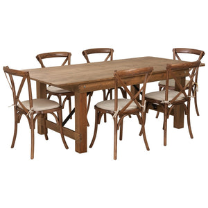 English Elm HERCULES 7' Antique Rustic Folding Farm Table Set with 6 Cushioned Cross-Back Chairs for Events XA-FARM-9-GG