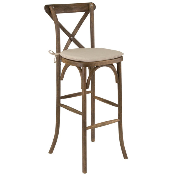 English Elm HERCULES Series Dark Antique Wood Cross Back Barstool with Cushion – Stylish Comfort for Any Space XA-X-BAR-GO-BC-GG