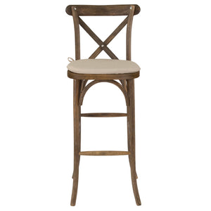English Elm HERCULES Series Dark Antique Wood Cross Back Barstool with Cushion – Stylish Comfort for Any Space XA-X-BAR-GO-BC-GG