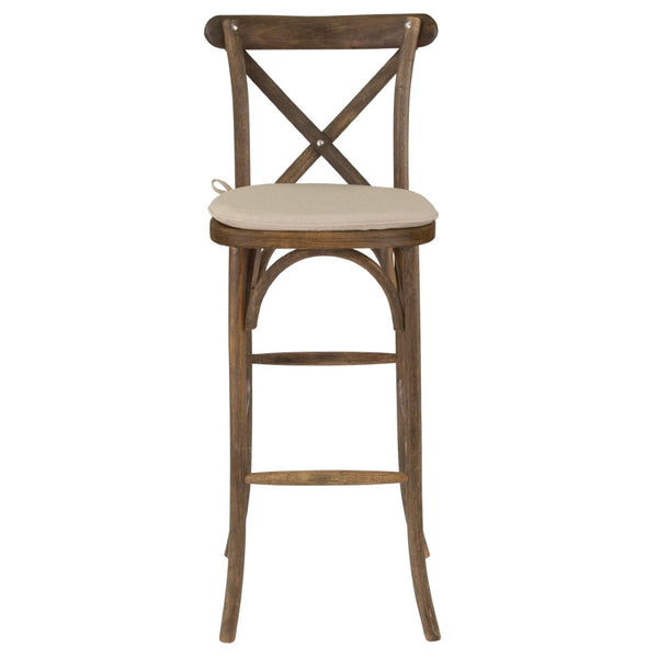 English Elm HERCULES Series Dark Antique Wood Cross Back Barstool with Cushion – Stylish Comfort for Any Space XA-X-BAR-GO-BC-GG