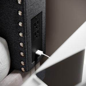 English Elm Adeline Contoured Headboard with Integrated Charging Station, Stylish Upholstery & Easy Installation Gray Linen Twin XH-8420F-T-GRY-GG