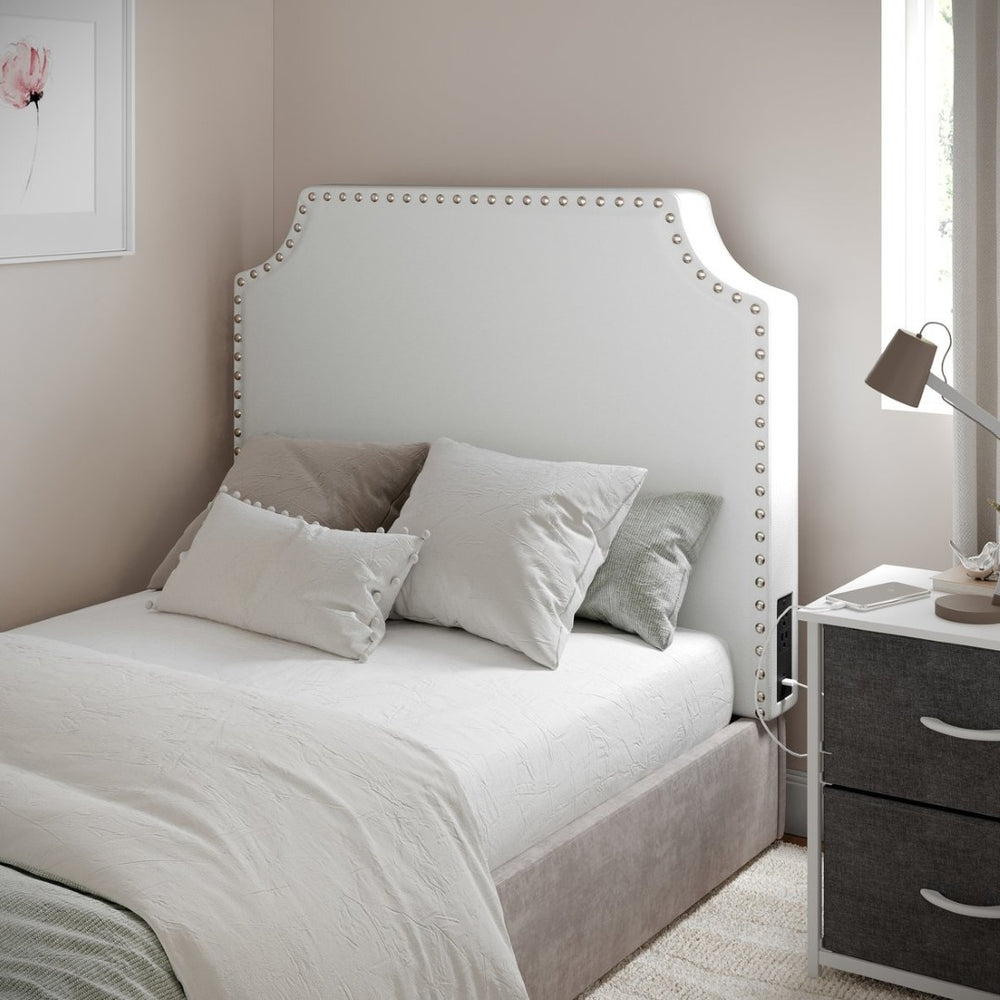 English Elm Adeline Contoured Headboard with Integrated Charging Station, Stylish Upholstery & Easy Installation White LeatherSoft Twin XH-8420P-T-WHTPU-GG