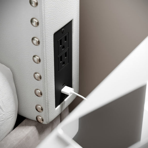 English Elm Adeline Contoured Headboard with Integrated Charging Station, Stylish Upholstery & Easy Installation White LeatherSoft Twin XH-8420P-T-WHTPU-GG