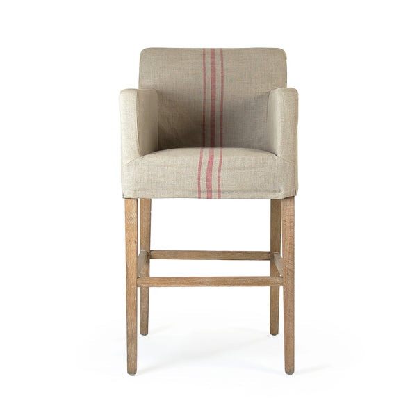 Avignon Slipcover Bar Stool Limed Grey Oak, Red Striped Khaki Linen XL2001 Bar Stool E272 A034 Zentique