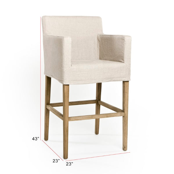 Zentique Avignon Slipcover Bar Stool with Oak Frame and Removable Linen Cover — Comfortable, Coastal Chic Seating Natural Oak, Natural Linen XL2001-Bar Stool E255 A003