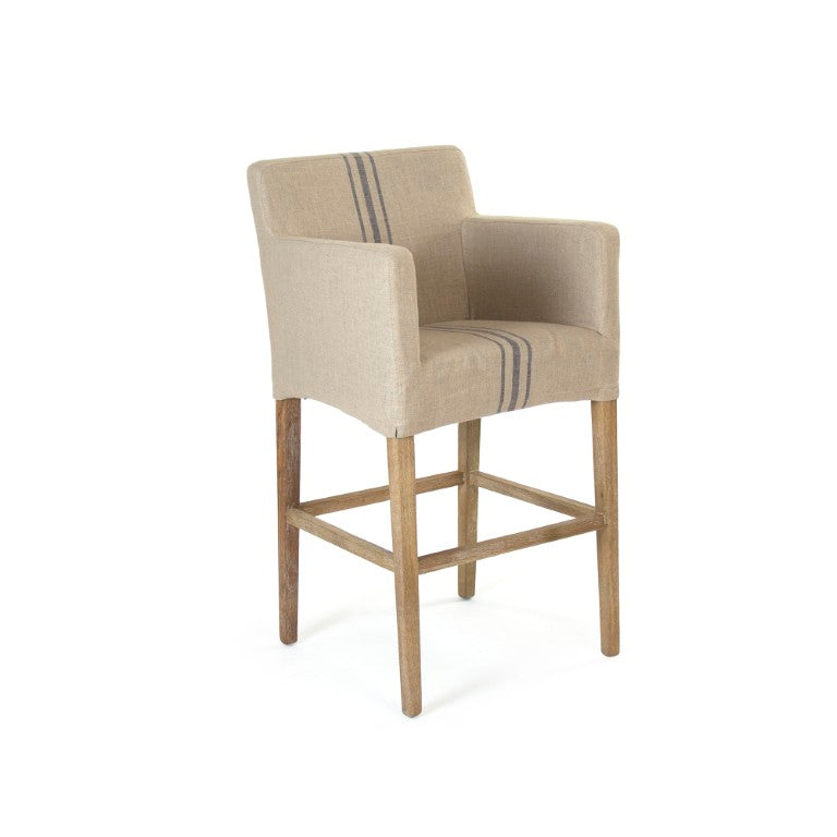 Zentique Avignon Slipcover Bar Stool with Oak Frame and Removable Linen Cover — Comfortable, Coastal Chic Seating Limed Grey Oak, Blue Striped Khaki Linen XL2001 Bar Stool E272 A033