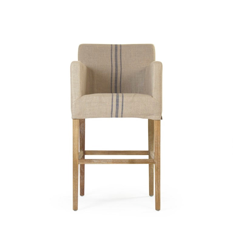 Zentique Avignon Slipcover Bar Stool with Oak Frame and Removable Linen Cover — Comfortable, Coastal Chic Seating Limed Grey Oak, Blue Striped Khaki Linen XL2001 Bar Stool E272 A033