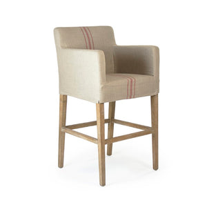 Zentique Avignon Slipcover Bar Stool with Oak Frame and Removable Linen Cover — Comfortable, Coastal Chic Seating Limed Grey Oak, Red Striped Khaki Linen XL2001 Bar Stool E272 A034