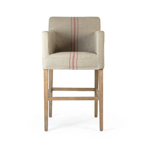 Zentique Avignon Slipcover Bar Stool with Oak Frame and Removable Linen Cover — Comfortable, Coastal Chic Seating Limed Grey Oak, Red Striped Khaki Linen XL2001 Bar Stool E272 A034