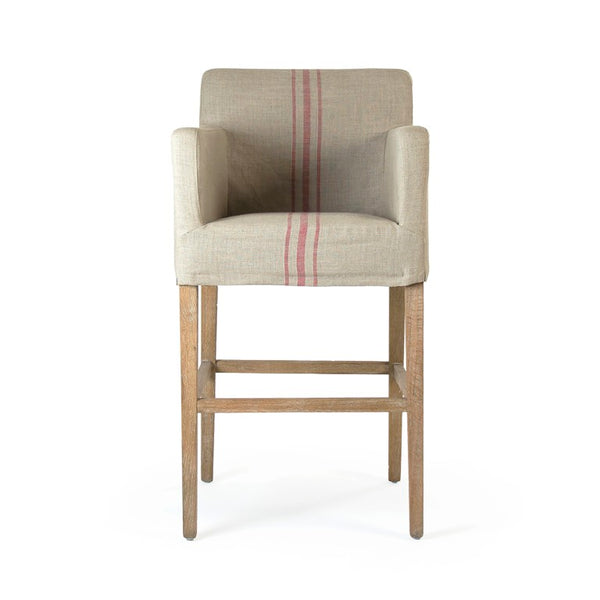 Zentique Avignon Slipcover Bar Stool with Oak Frame and Removable Linen Cover — Comfortable, Coastal Chic Seating Limed Grey Oak, Red Striped Khaki Linen XL2001 Bar Stool E272 A034
