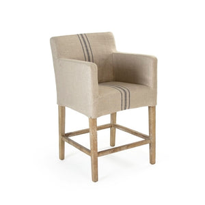 Zentique Avignon Counter Stool with Removable Linen Slipcover, Solid Oak Frame, Ergonomic Low Back Comfort Limed Grey Oak, Blue Striped Khaki Linen XL2001 Counter Stool E272 A033