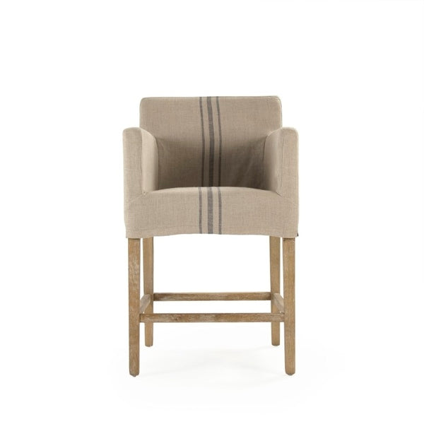 Zentique Avignon Counter Stool with Removable Linen Slipcover, Solid Oak Frame, Ergonomic Low Back Comfort Limed Grey Oak, Blue Striped Khaki Linen XL2001 Counter Stool E272 A033