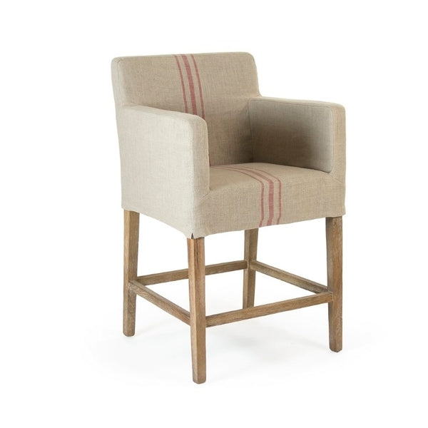 Zentique Avignon Counter Stool with Removable Linen Slipcover, Solid Oak Frame, Ergonomic Low Back Comfort Limed Grey Oak, Red Striped Khaki Linen XL2001 Counter Stool E272 A034