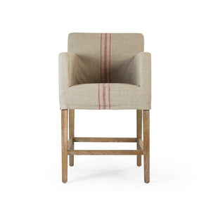 Zentique Avignon Counter Stool with Removable Linen Slipcover, Solid Oak Frame, Ergonomic Low Back Comfort Limed Grey Oak, Red Striped Khaki Linen XL2001 Counter Stool E272 A034