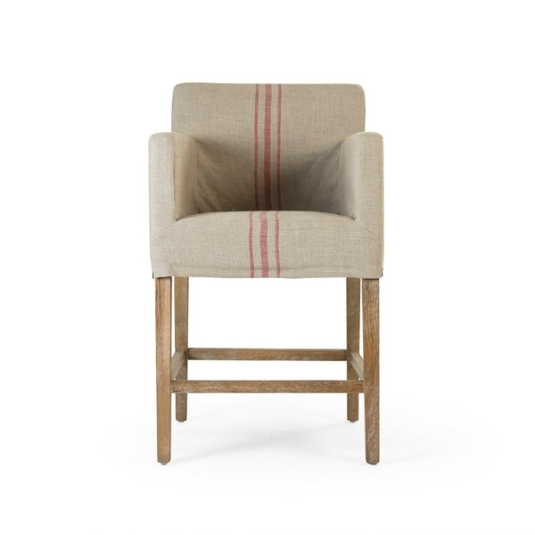 Zentique Avignon Counter Stool with Removable Linen Slipcover, Solid Oak Frame, Ergonomic Low Back Comfort Limed Grey Oak, Red Striped Khaki Linen XL2001 Counter Stool E272 A034