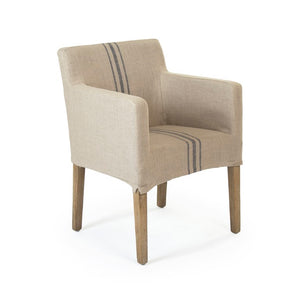 Zentique Avignon Slipcover Arm Chair with Tailored Linen Cover & Solid Oak Frame for Comfort and Style Limed Grey Oak, Blue Striped Khaki Linen XL2001 E272 A033