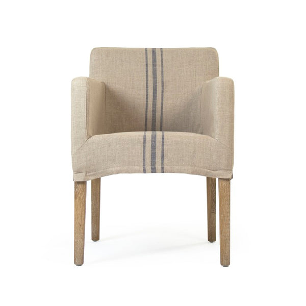 Zentique Avignon Slipcover Arm Chair with Tailored Linen Cover & Solid Oak Frame for Comfort and Style Limed Grey Oak, Blue Striped Khaki Linen XL2001 E272 A033