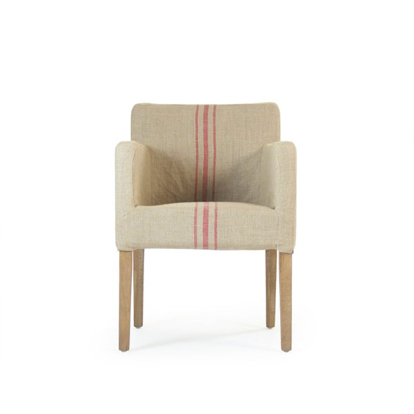 Zentique Avignon Slipcover Arm Chair with Tailored Linen Cover & Solid Oak Frame for Comfort and Style Limed Grey Oak, Red Striped Khaki Linen XL2001 E272 A034