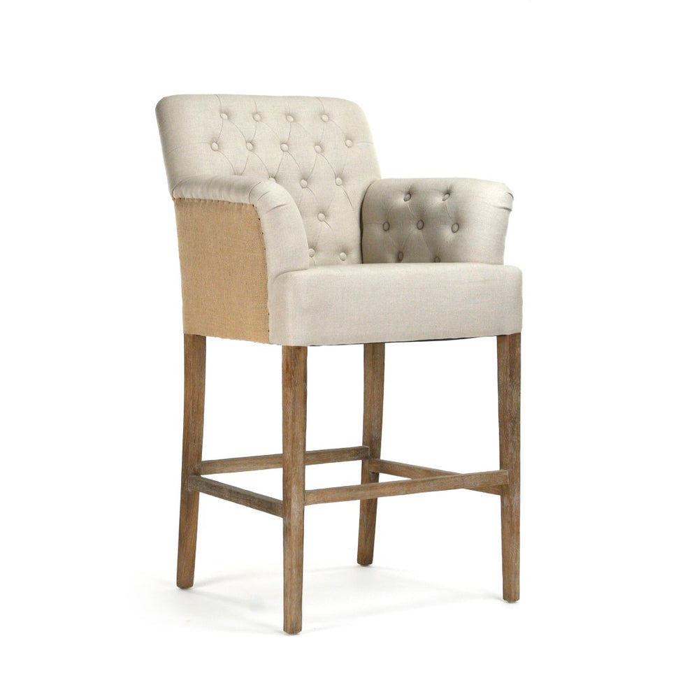 Zentique Barrois Bar Stool: Timeless Limed Grey Oak Design With Cozy Linen Upholstery For Chic Dining Spaces Limed Grey Oak,Natural Linen,Burlap Oak,Linen Xl890 Bar E272 A003 Jute