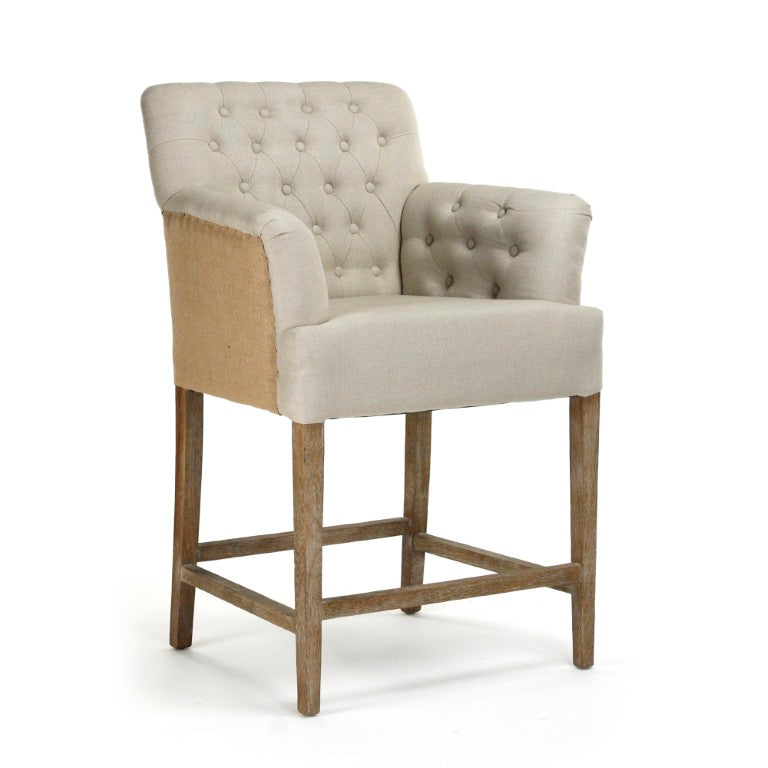 Zentique Barrois Tufted Arm Chair with Solid Oak Frame and Breathable Linen Upholstery for Elegant Comfort Limed Grey Oak,Natural Linen, Burlap XL890 E272 A003 Jute