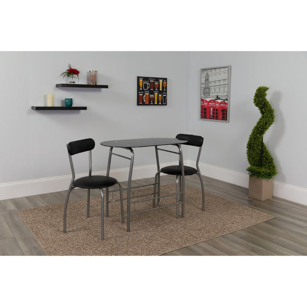English Elm Sutton 3-Piece Retro Bistro Set with Black Glass Table & Vinyl Padded Chairs for Small Spaces XM-JM-A0278-1-2-BK-GG