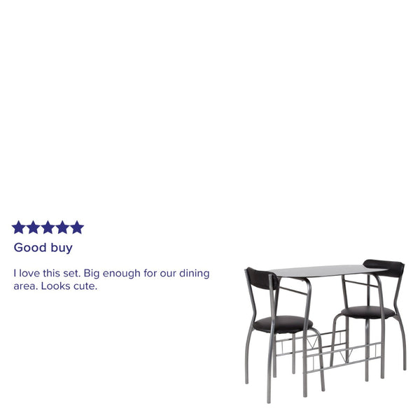 English Elm Sutton 3-Piece Retro Bistro Set with Black Glass Table & Vinyl Padded Chairs for Small Spaces XM-JM-A0278-1-2-BK-GG