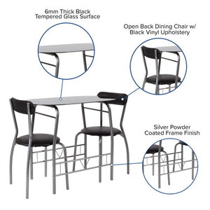English Elm Sutton 3-Piece Retro Bistro Set with Black Glass Table & Vinyl Padded Chairs for Small Spaces XM-JM-A0278-1-2-BK-GG