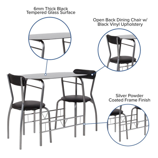 English Elm Sutton 3-Piece Retro Bistro Set with Black Glass Table & Vinyl Padded Chairs for Small Spaces XM-JM-A0278-1-2-BK-GG