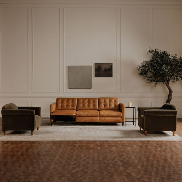 Moe's Home Bridgers Power Recliner Sofa - Luxurious Bouclé Fabric With Dual Controls For Ultimate Comfort Brown Upholstery, 100% Top Grain Leather,High Density Foam,Fiber And Feather Fill Xq-1011-40