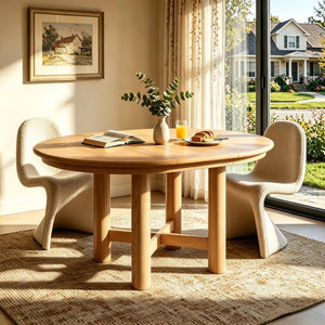 English Elm Wood Oval Extendable Rubberwood Dining Table Seats Six with Leaf for Kitchen Natural XT000001AAD
