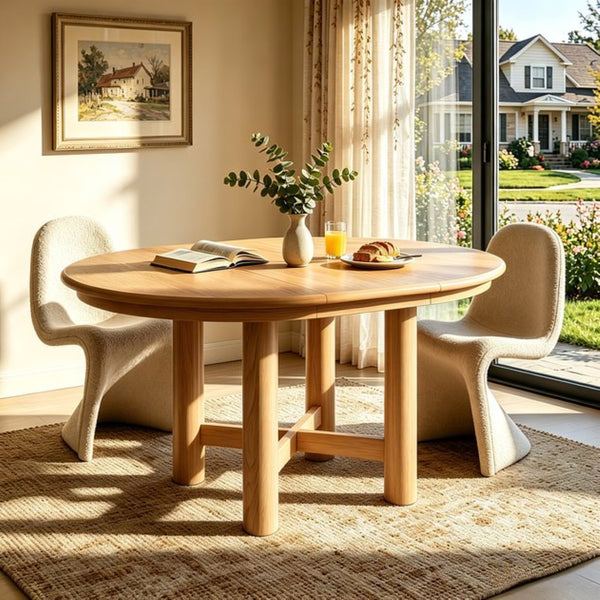 English Elm Wood Oval Extendable Rubberwood Dining Table Seats Six with Leaf for Kitchen Natural XT000001AAD