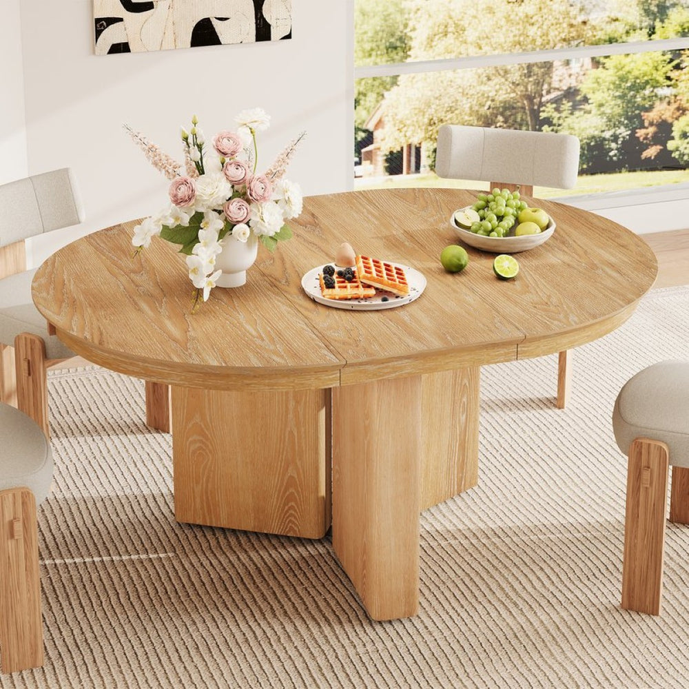 English Elm Trexm Oval Extension Dining Table Oak Veneer Pedestal Base Modern Farmhouse Kitchen Natural XT000002AAN
