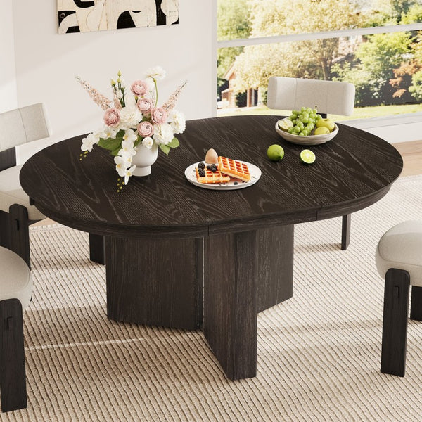English Elm Trexm Oval Extension Dining Table Oak Veneer Pedestal Base Modern Farmhouse Kitchen Espresso XT000002AAP