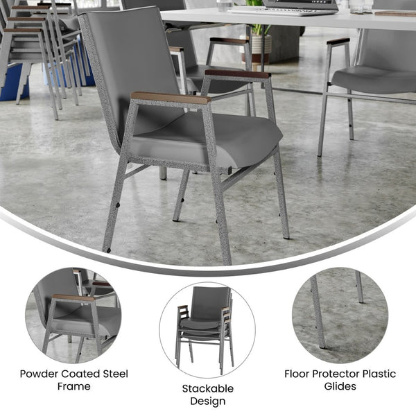 English Elm HERCULES Heavy-Duty Stack Chair with Arms for Versatile Use in Offices, Classrooms, and Events Gray Vinyl XU-60154-GRY-VYL-GG