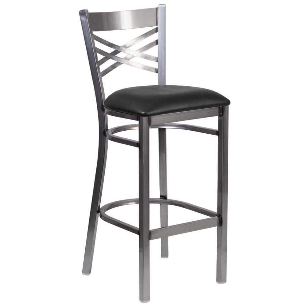 English Elm HERCULES Series Silver Antique Finish "X" Back Metal Barstool for Restaurants and Home Use Black Vinyl Seat/Clear Coated Metal Frame XU-6F8B-CLR-BAR-BLKV-GG