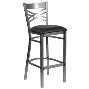 English Elm HERCULES Series Silver Antique Finish "X" Back Metal Barstool for Restaurants and Home Use Black Vinyl Seat/Clear Coated Metal Frame XU-6F8B-CLR-BAR-BLKV-GG