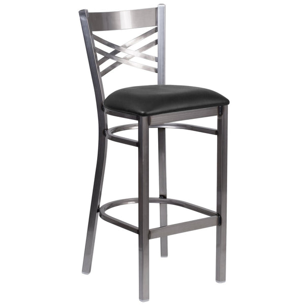 English Elm HERCULES Series Silver Antique Finish "X" Back Metal Barstool for Restaurants and Home Use Black Vinyl Seat/Clear Coated Metal Frame XU-6F8B-CLR-BAR-BLKV-GG