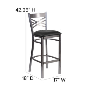 English Elm HERCULES Series Silver Antique Finish "X" Back Metal Barstool for Restaurants and Home Use Black Vinyl Seat/Clear Coated Metal Frame XU-6F8B-CLR-BAR-BLKV-GG