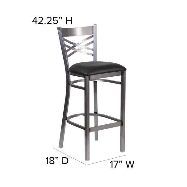 English Elm HERCULES Series Silver Antique Finish "X" Back Metal Barstool for Restaurants and Home Use Black Vinyl Seat/Clear Coated Metal Frame XU-6F8B-CLR-BAR-BLKV-GG