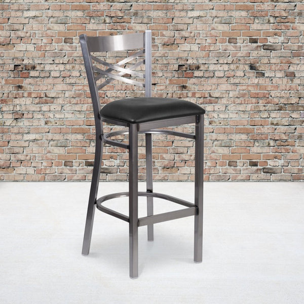 English Elm HERCULES Series Silver Antique Finish "X" Back Metal Barstool for Restaurants and Home Use Black Vinyl Seat/Clear Coated Metal Frame XU-6F8B-CLR-BAR-BLKV-GG