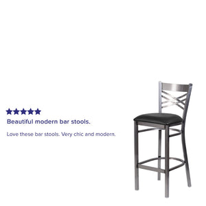 English Elm HERCULES Series Silver Antique Finish "X" Back Metal Barstool for Restaurants and Home Use Black Vinyl Seat/Clear Coated Metal Frame XU-6F8B-CLR-BAR-BLKV-GG