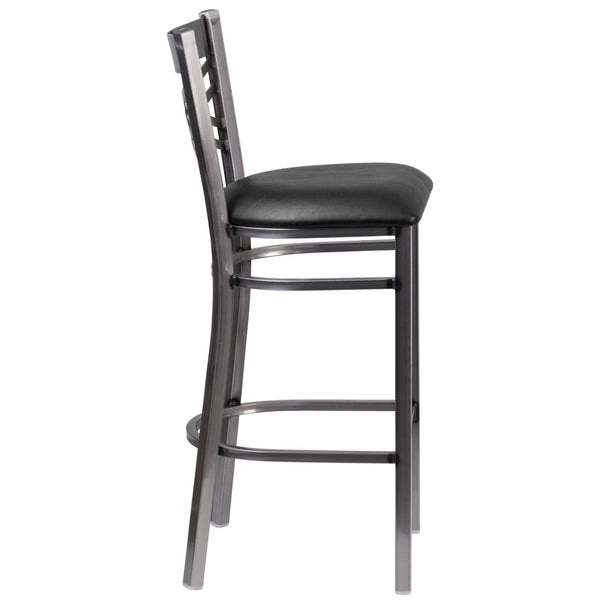 English Elm HERCULES Series Silver Antique Finish "X" Back Metal Barstool for Restaurants and Home Use Black Vinyl Seat/Clear Coated Metal Frame XU-6F8B-CLR-BAR-BLKV-GG