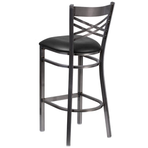 English Elm HERCULES Series Silver Antique Finish "X" Back Metal Barstool for Restaurants and Home Use Black Vinyl Seat/Clear Coated Metal Frame XU-6F8B-CLR-BAR-BLKV-GG
