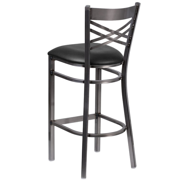 English Elm HERCULES Series Silver Antique Finish "X" Back Metal Barstool for Restaurants and Home Use Black Vinyl Seat/Clear Coated Metal Frame XU-6F8B-CLR-BAR-BLKV-GG